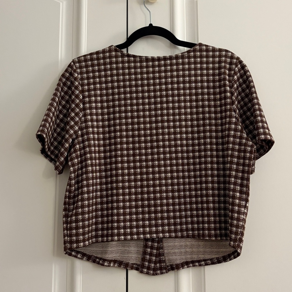 Lisa Says Gah Brown and Cream Checked Button-Down Top with Red Buttons - Picture 4 of 5